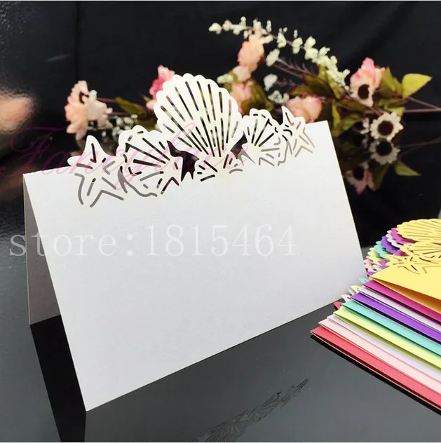 

50pcs Beach Seashell Starfish Name Place Card Paper Cards Wine Glass Cup Table Mark Holder Invitation Card Party Decoration