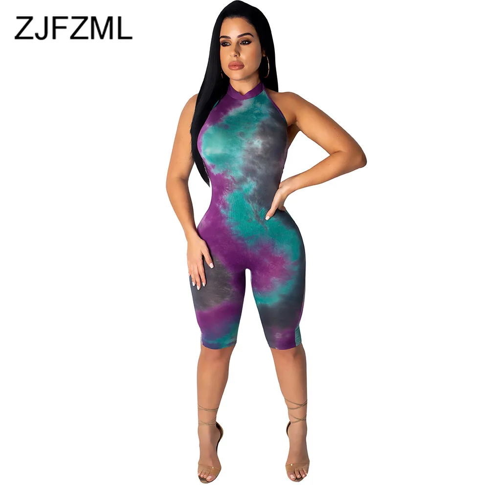 التعادل صبغ عارضة ثوب فضفاض للمرأة بذلة الرسن عودة فتح واحد قطعة نحيل Playsuit الصيف الباردة الكتف أكمام حزب ارتداءها