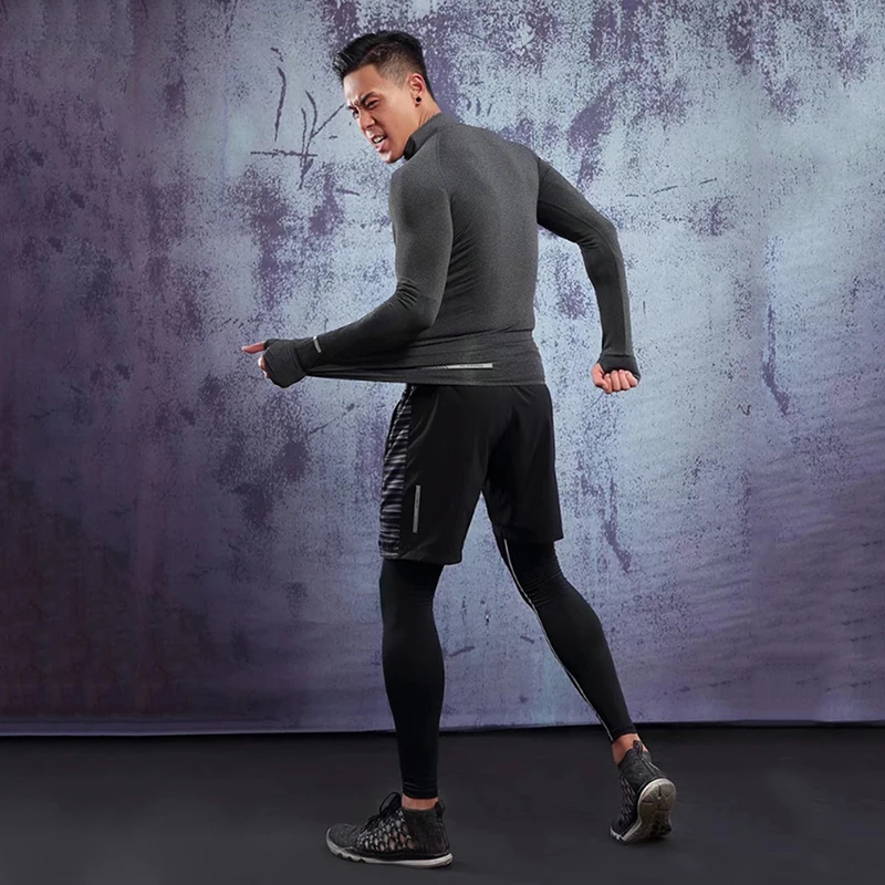 Мужская рубашка для бега быстросохнущая эластичная фитнес-Спорт рубашки для мужчин светоотражающие полосы зимний топ тренировочная рубашка Рашгард