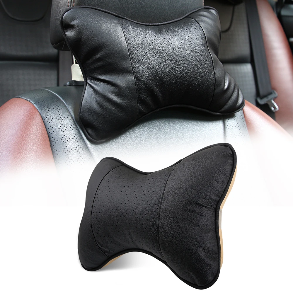 2pcs Auto Seat Head Support Pillow Neck Rest Artificial Leather Cushion Bone Shaped Headrest