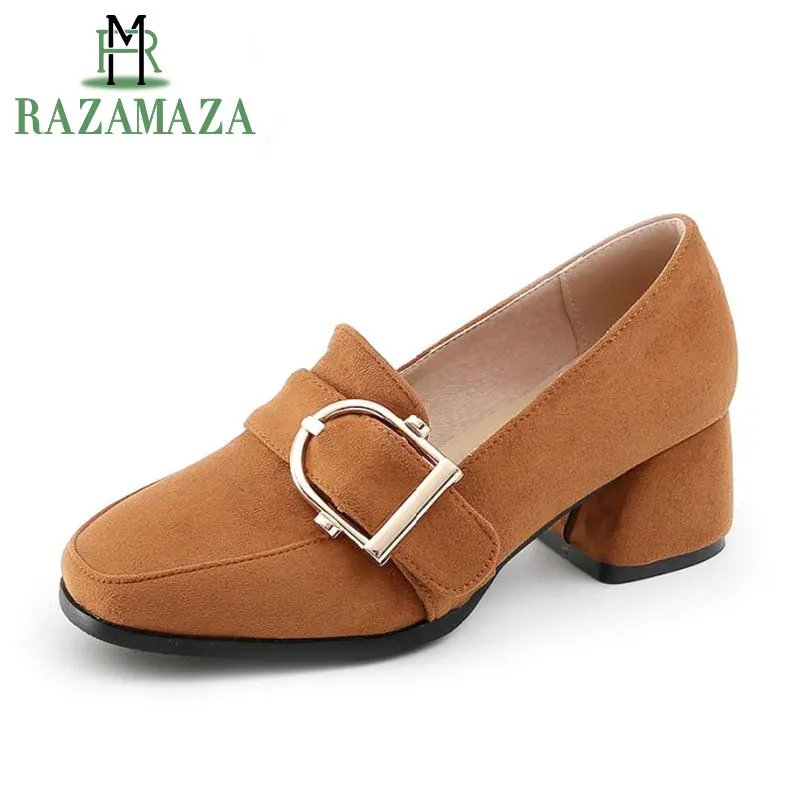 

ZALAVOR Size 31-47 Women Round Toe Sexy Thick High Heels Shoes Women Buckle Vintage Shoe Lady Office Slip On British Footwear