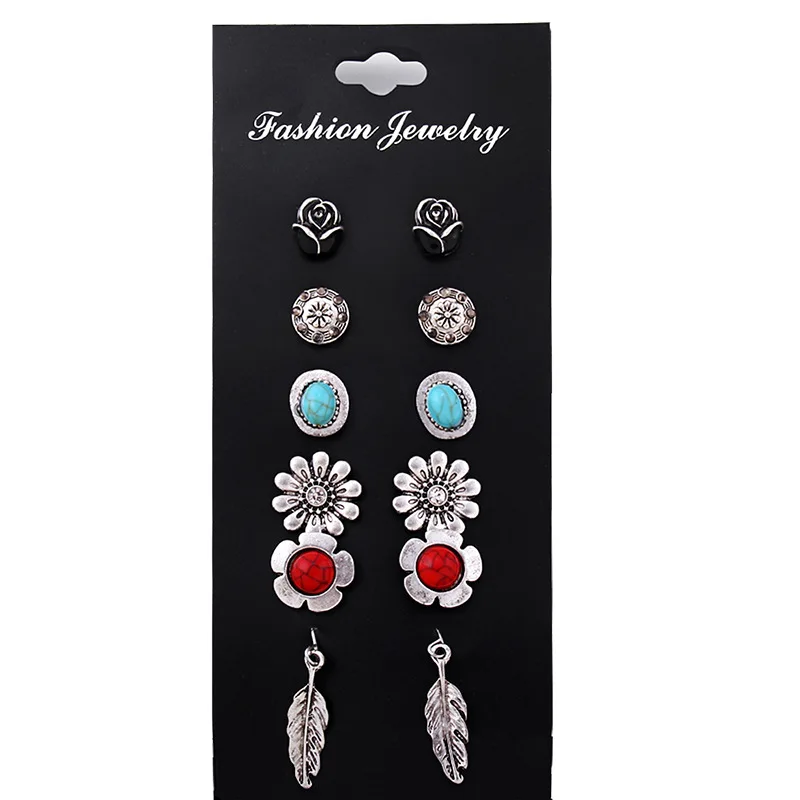 6pairs/set Week Different Designs Earrings Rose Compass Sun Flower Feather Style Ear Studs Eardrops | Украшения и аксессуары