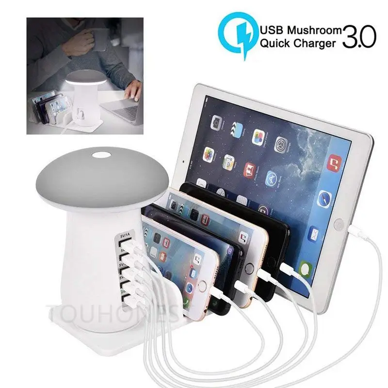 

Mushroom LED Desk Lamp QC3.0 5 Ports USB Charger Quick Charge 3.0 Smart USB Charger Station Adapter Fast Charging Power Socket