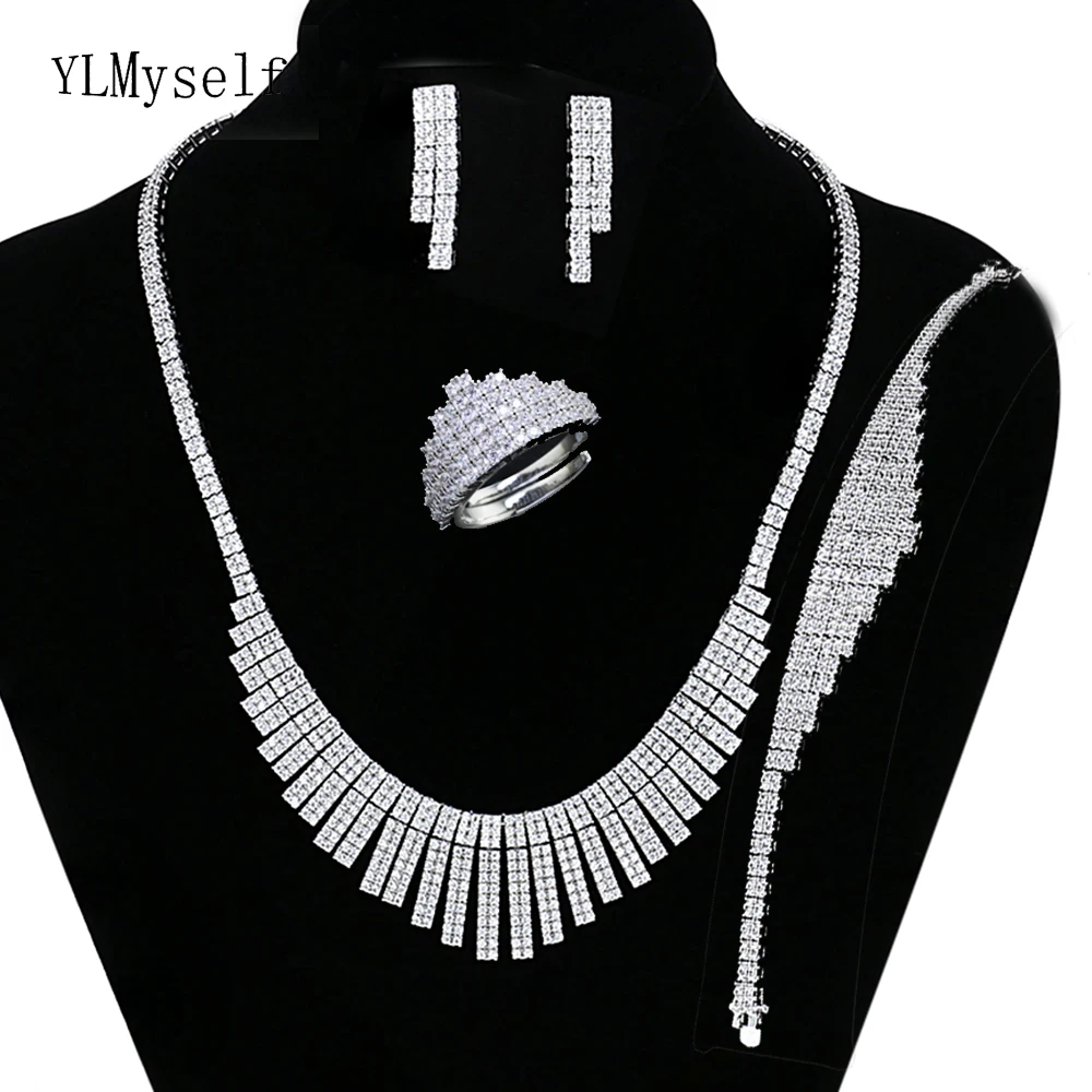 

New bright big 4pcs jewelry sets Gold & White Necklace/Bracelet/earrings/Open size ring USA Large jewellery set for party