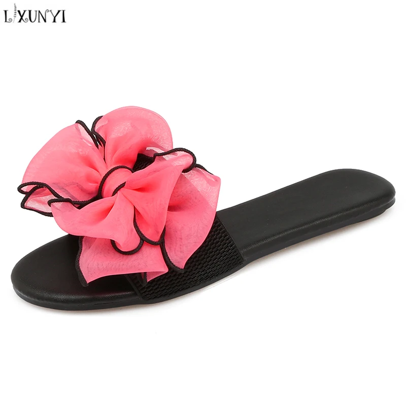 LXUNYI Outside Beach Red Flower Slides Women's Black Pink Flower Flip Flops Fashion 2018 Peep 