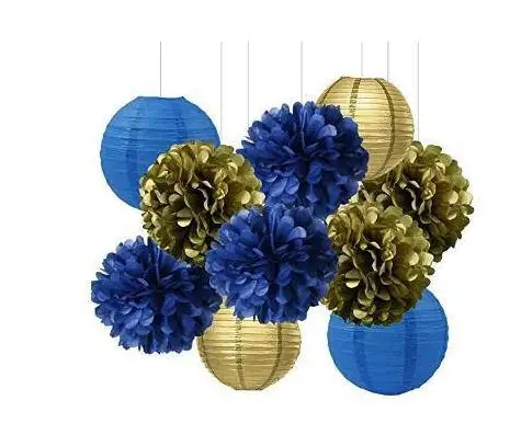 

Set of 10 Bridal Shower Decor Navy Blue Gold Tissue Paper Pom Poms Paper Lanterns Tissue Paper Honeycomb Balls Baby Shower decor