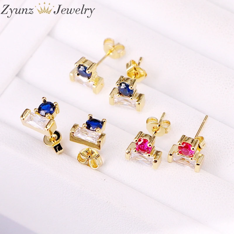 6Pairs, Cz Micro Pave Zirconia Women Girls Earring Studs Gold Color Fashion Crystal Multicolor Party Jewelry