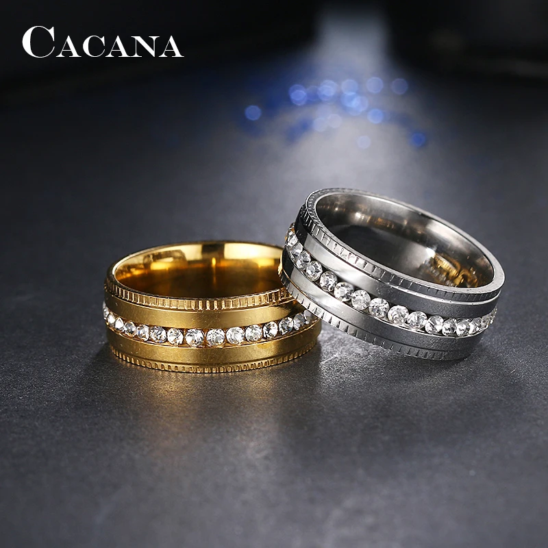 CACANA Stainless Steel Rings For Women Embossed Double Side With CZ Fashion Jewelry Wholesale NO.R100