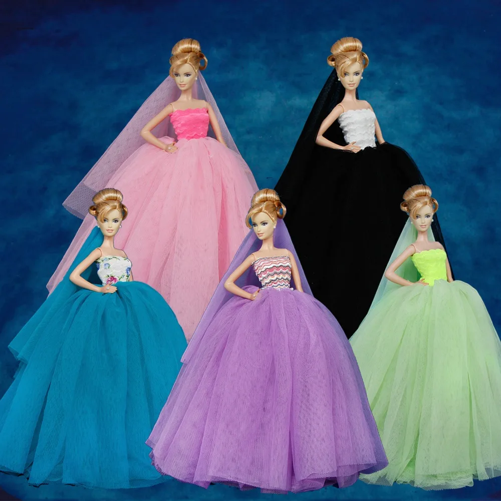 

High Quality Lady Dress Wedding Party Bride Wear Gown Sexy Pink Top + Lace Veil Clothes For Barbie Doll Accessories Toy Kid