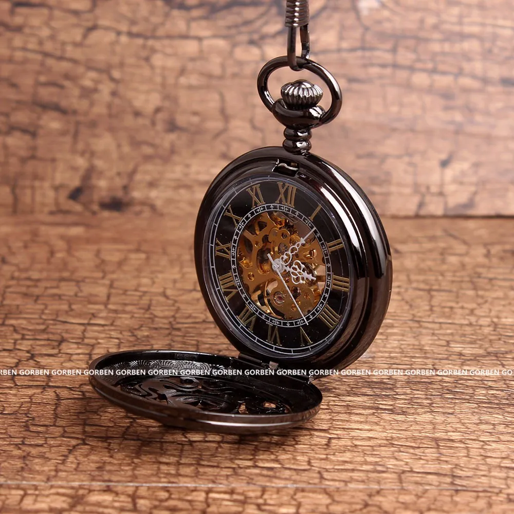 Винтаж черный полный Сталь полые механические карманные часы для мужские стимпанк Часы с костями Рука обмотки Механические карманные часы