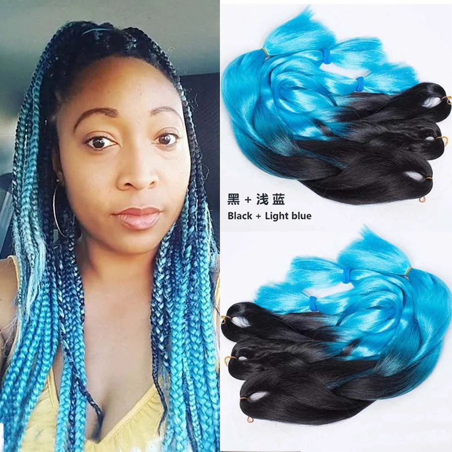 10pcs 100g/Pc 24" Black Blue Ombre Braiding Hair Two Tone Kanekalon Jumbo Braid Expression