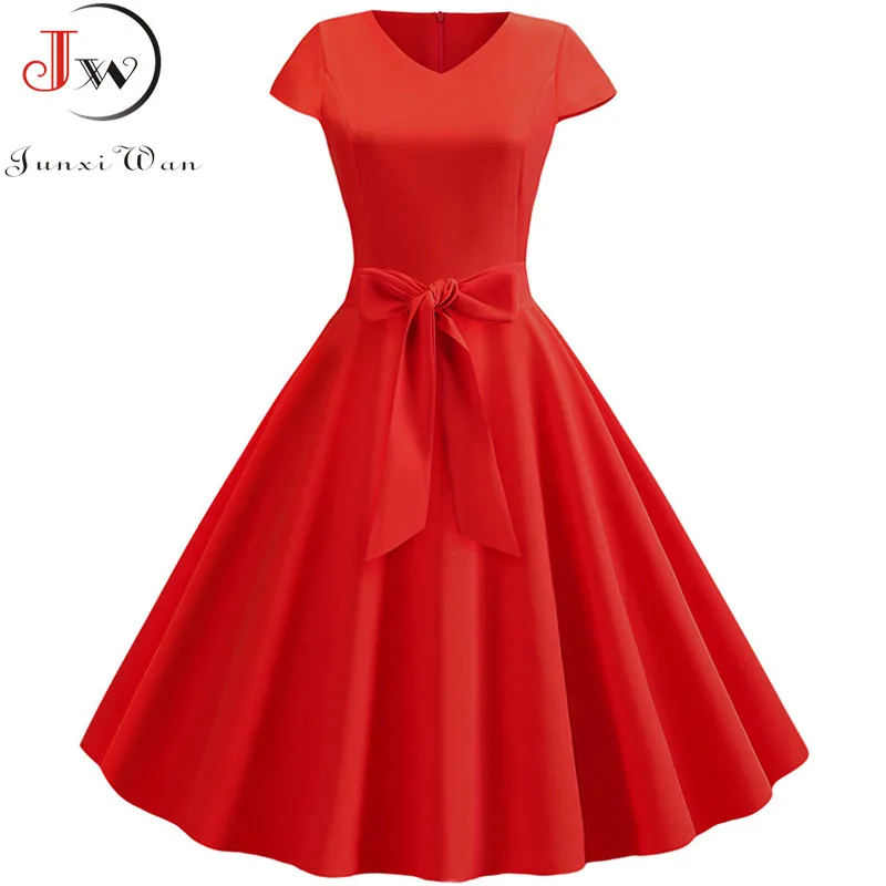 

Solid Summer Women Dress Short Sleeve Vintage V Neck Casual Elegant Retro Pin Up Rockabilly Party Midi Dresses Red Plus Size