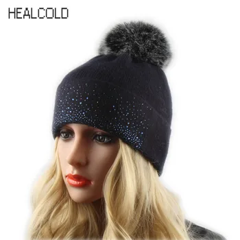 

HEALCOLD 2017 Winter Wool Cap Women Rhinestone Hat Fur Pompom Skullies Beanies