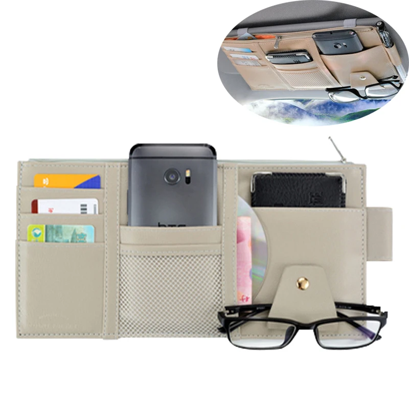 

PU Leather Car Sun Visor Storage Hanging Bag Multi-function Eyeglasses Clip for Organize Credit Card Cash and Phone Pouch