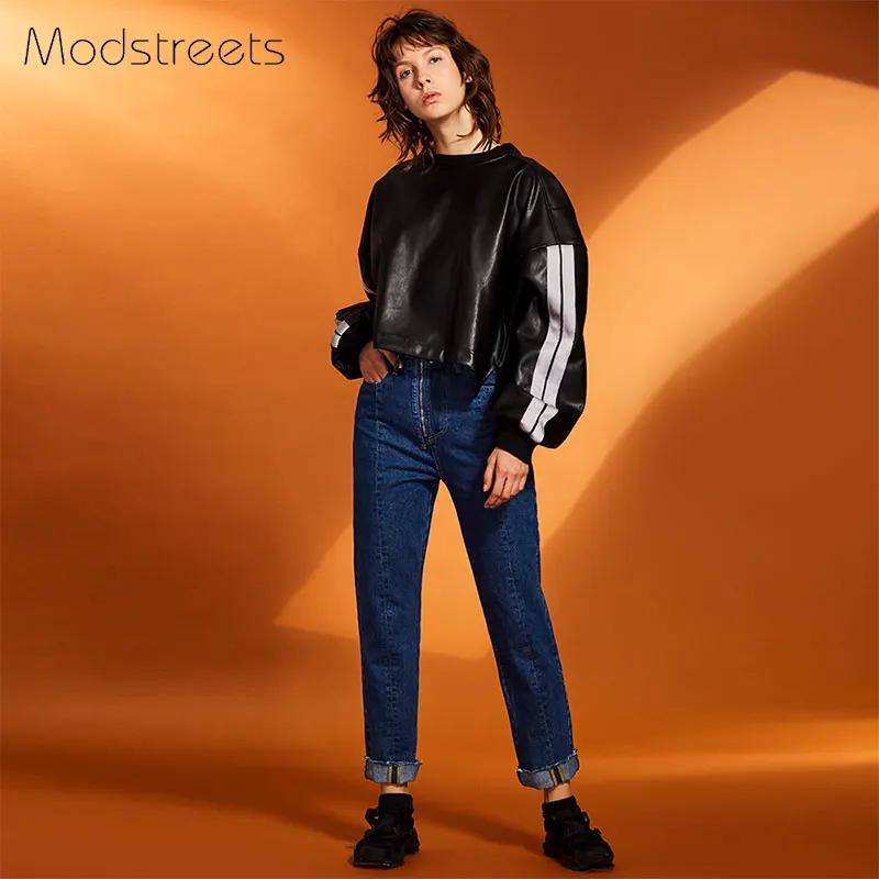  Modstreets Women Black Hoodies Autumn Fashion PU Leather Tops Hoodie Sweatshirt Long Sleeve Pullove