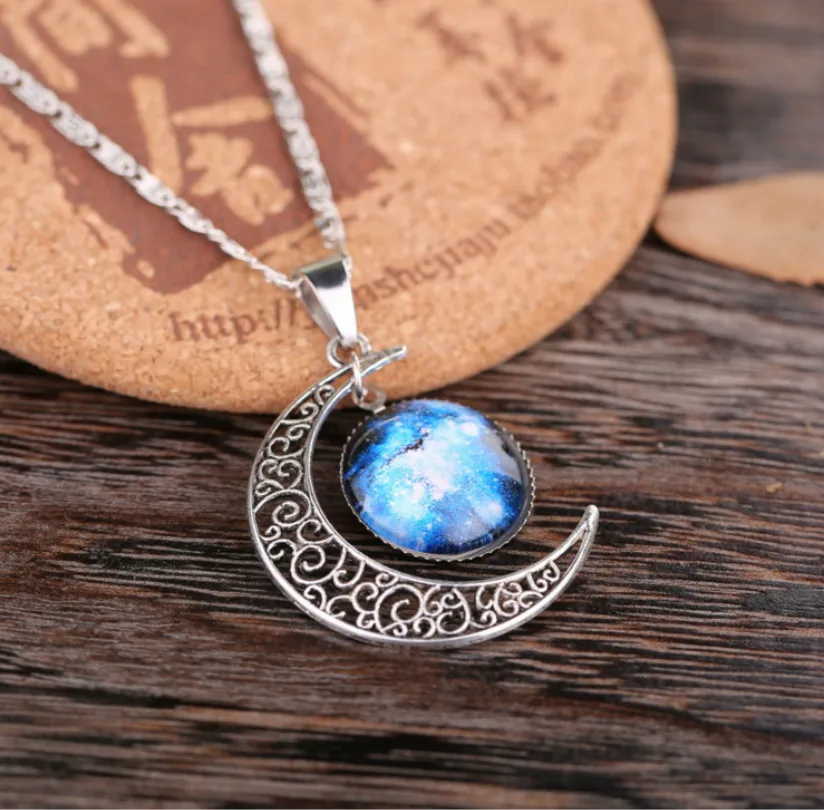 Image 2016 Brand Fashion Moon Silver Color Jewelry Statement Necklace Glass Necklace Pendant Necklace Collares Galaxy Maxi Women