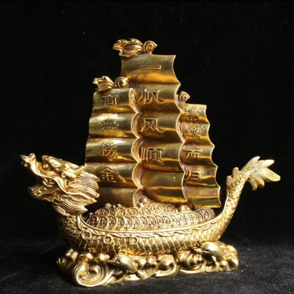 Chinese old feng shui decorate bronze Pure Copper dragon turtle Boat sailing