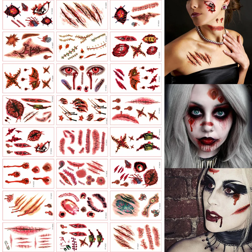 

24Pcs Halloween Temporary Tattoos Stickers Waterproof Halloween Horror Bloodstains Scars Halloween Masquerade Prank Makeup Props