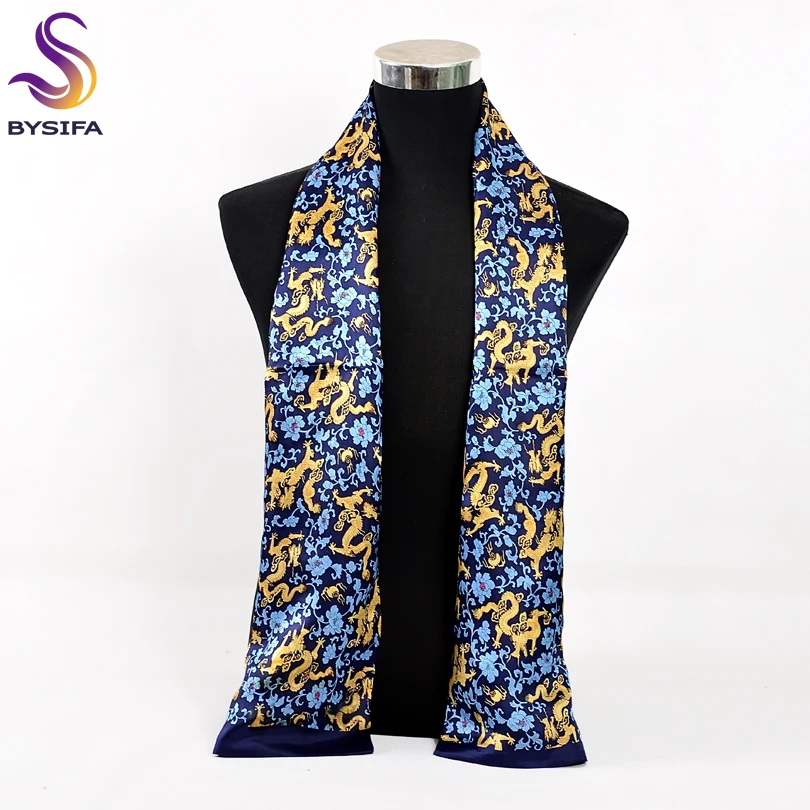 

[BYSIFA] Chinese Style Dragon Pattern Men Scarves Winter Fashion Male Warm Blue Gold And Red Gold Silk Scarf Cravat 160*26cm
