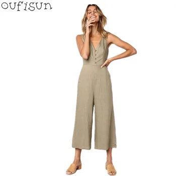 

Oufisun Deep V-Neck Jumpsuit Sexy Sleeveless Backless With Button Pocket Long Pants Rompers Summer 2019 Wide Leg Jumpsuit Female