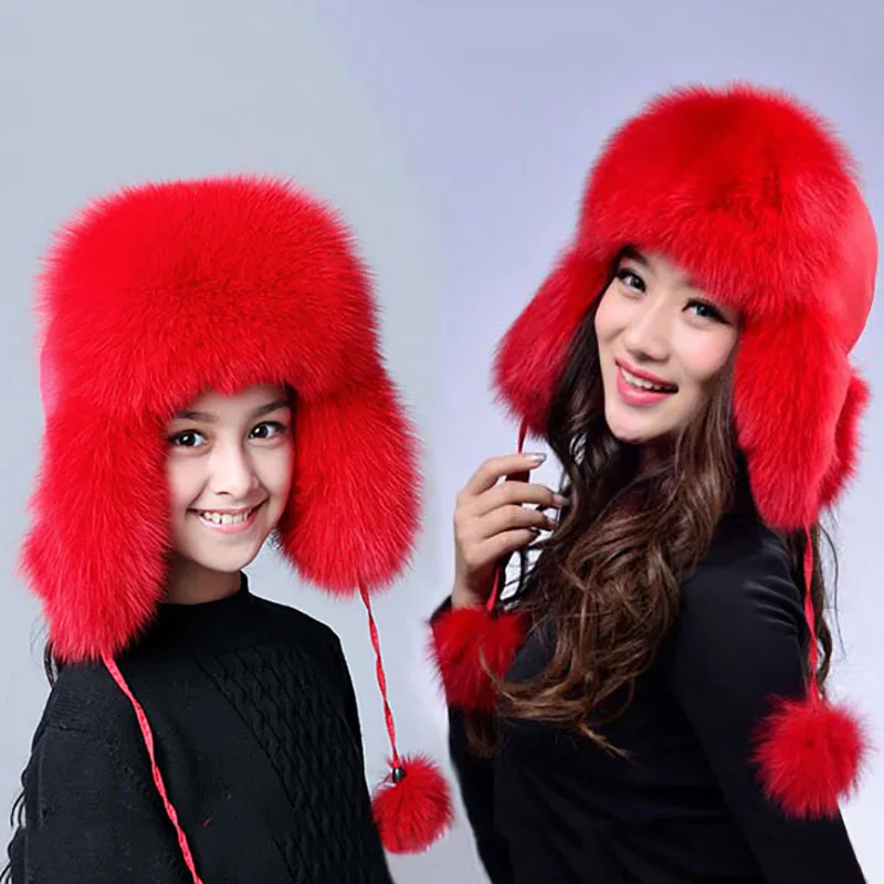 

New Winter women Children Russia fur hat Boy Girl Real Fox Fur Hat Parent-child Earmuff Warm Fur Hat pompom Ear fox fur Hats cap