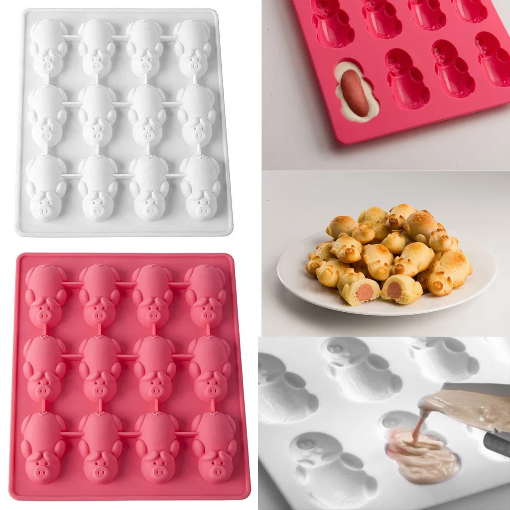 

New 1/2PC Multifunction 12 Little Pig Silicone Cake Baking White & Pink Mould bear silicone mold line friends