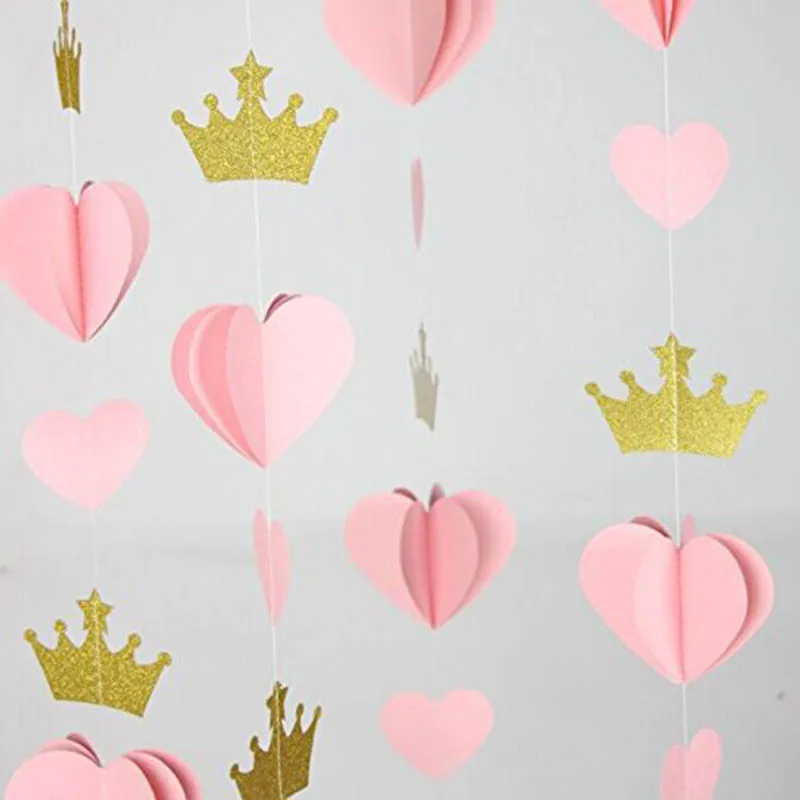 

1set 2m Pink Bunting Banner 3D Love And Crown Paper String Flags for Girls Birthday Party Decor Room Decoration