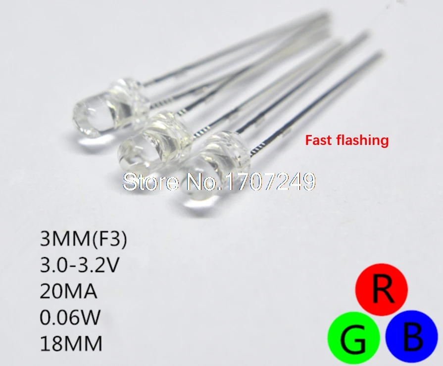 1000pcs 3mm RGB Fast Flashing Led 3 mm Tricolor Round Water Clear 20mA