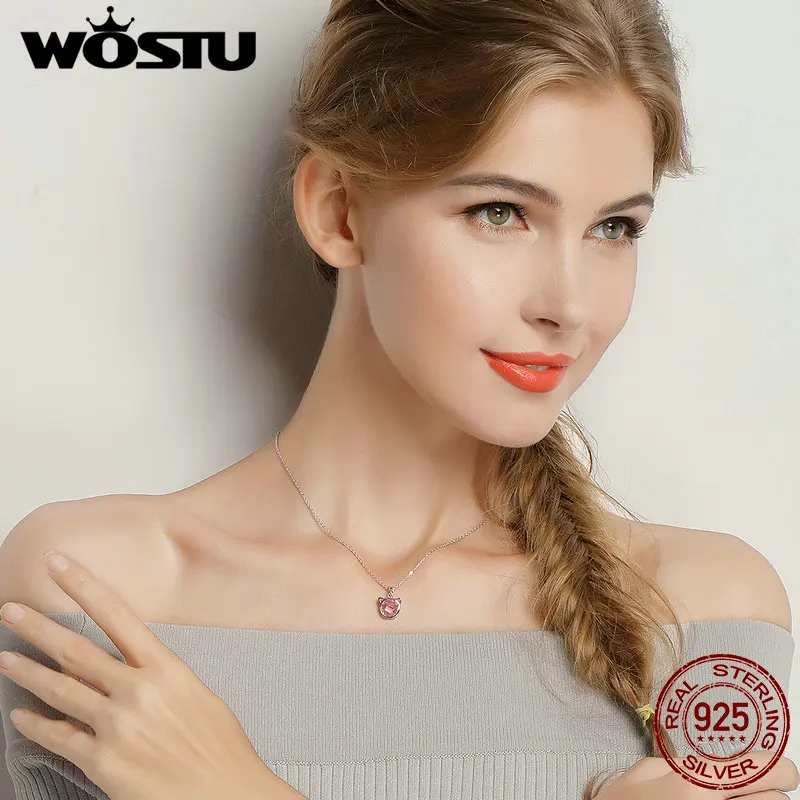 WOSTU Лидер продаж роскошные подлинные 925 пробы серебряный милый кот, розовая подвеска в виде кристалла ожерелья для девочек женские ювелирные изделия подарок CQN083