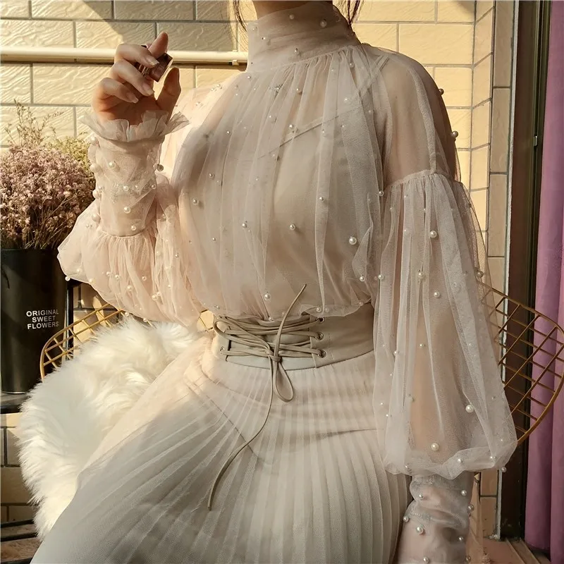 Kaufen 2019 Neue Mode herbst frauen Süße Perlen Blase Hülse Perlen Taste Gaze Blusen Damen Elegante Mesh Shirt Blusas Tops