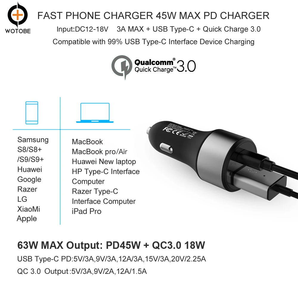 USB C TYPE-C PD 45 W شاحن سيارة تهمة سريع 3.0 18 W 63 W الطاقة كمبيوتر محمول محول الطاقة مع USB ل فون X/8/8 زائد سامسونج