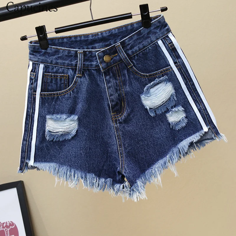 Fashion Side Stripe Denim Shorts 2018 Women Hole Tassel
