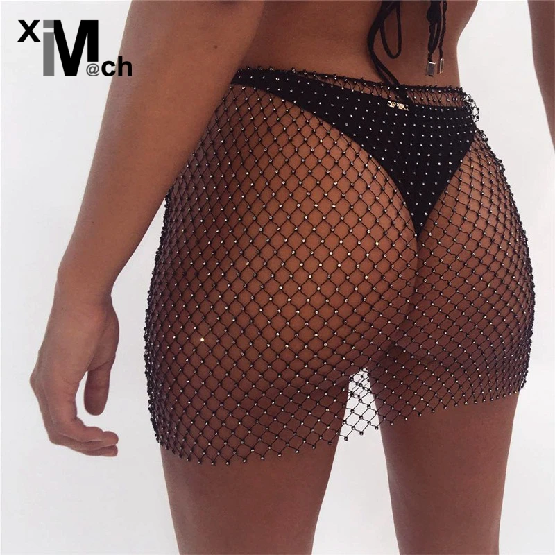 

xiM&M@ch Fashion Sexy Rhinestone Net Skirts Adjusted waist Rhinestone Mesh Stretch Black Mini Skirt Beach Style SK07799E