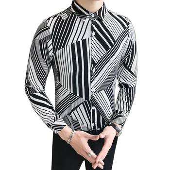 

Men Shirt 2019 Spring New Fashion Striped Lapel Long Sleeve Lion Mountain Enough British Style Cotton Design male Shirt