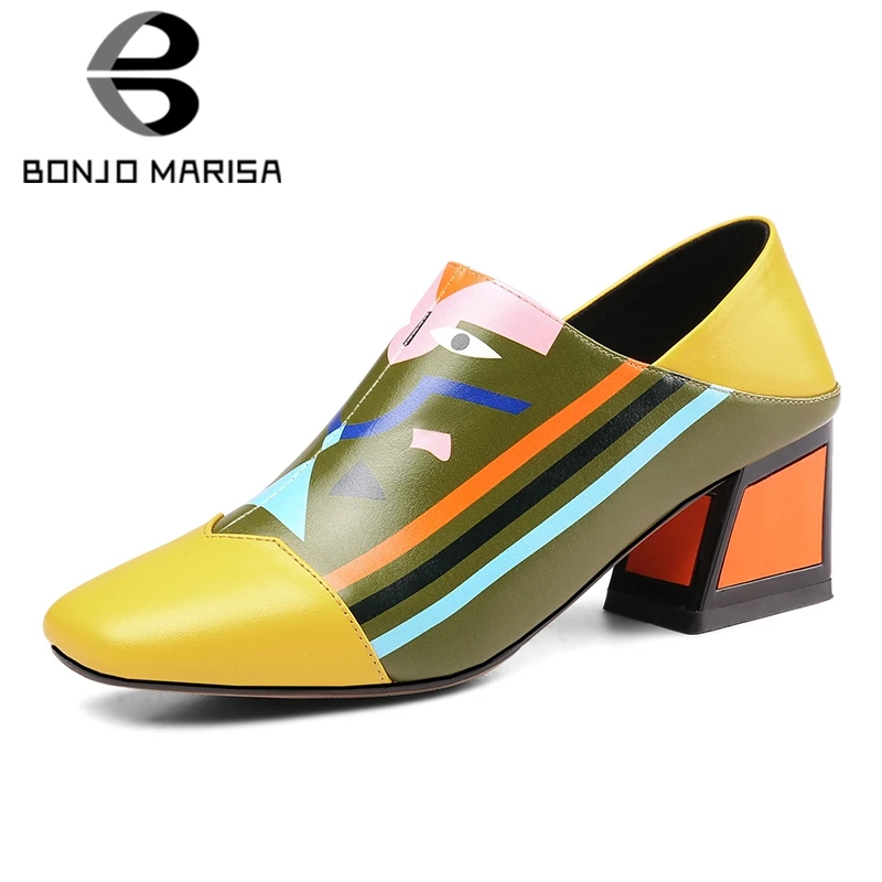 

BONJOMARISA 2019 New INS Brand Women Leather Mules Spring Genuine Leather Pumps High Heels Large Size 34-43 Women Shoes Woman