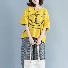 Свободные желтые футболки женские милые футболки с принтом кота короткий рукав большой размер летние топы Сплит хлопок мультфильм футболки повседневные