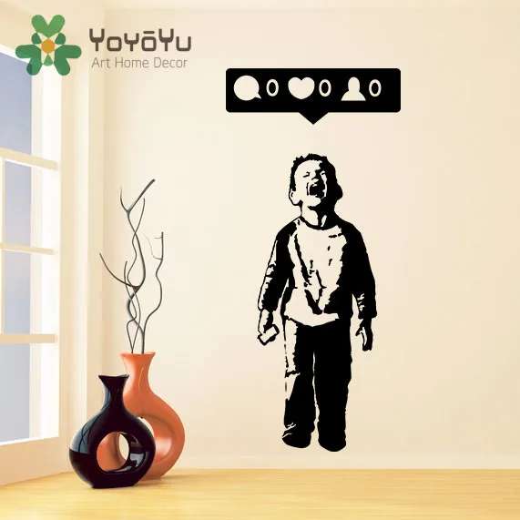

Removable Banksy Vinyl Wall Decal Boy Crying Out for Social Media Attention Child With Facebook Phone Kids Bedroom Poster NY-57