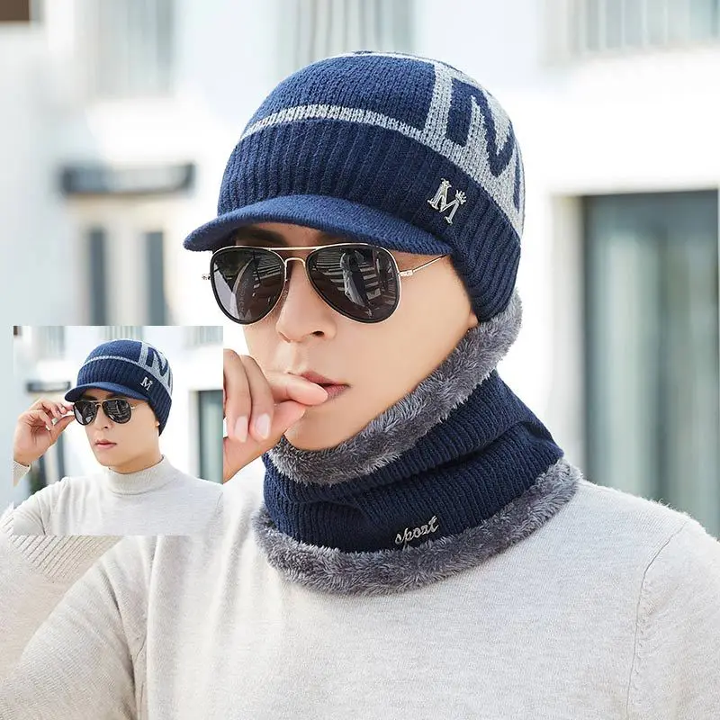 

Little Letter M Winter hat and Scarf Set Men Thicken Cotton Skullies Beains Warm Hat Ring Scarf Female Hats 2019
