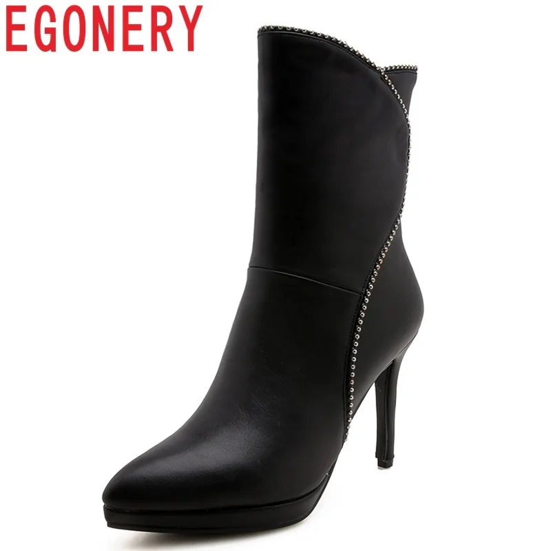 

EGONERY winter outside warm women shoes new fashion sexy boots women 9.5 cm thin heels pointed toe zip black red mid calf boots