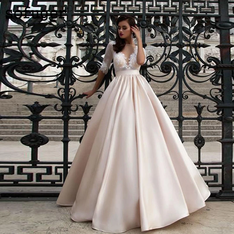 

White Ivory Half Sleeves Wedding Dress Bow Zipper Back Elegant Bridal Gown Wedding Dresses Vestidos de Noivas Custom