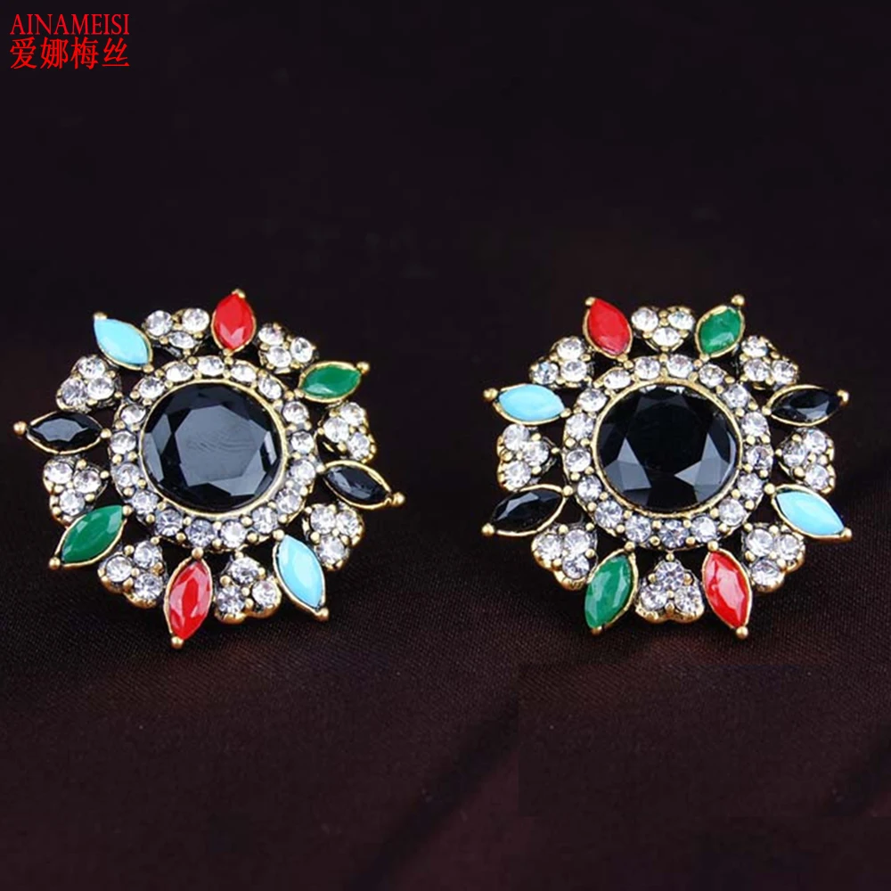 

AINAMEISI High Quality Colored Stone Turkish Jewelry Stud Earrings For Women Vintage Round Princess Hooks Long Earring