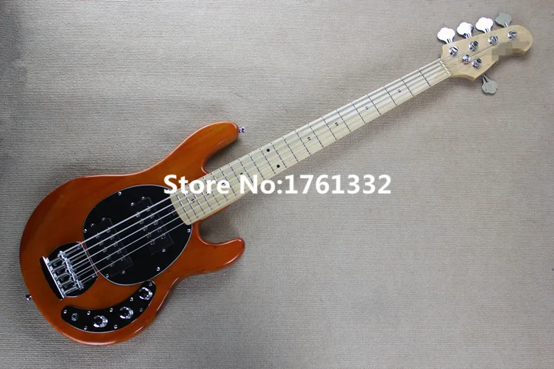 

Wholesale music 5 strings orange electric bass guitar with black pickguard,2 open Humbucking pickups,can be changed