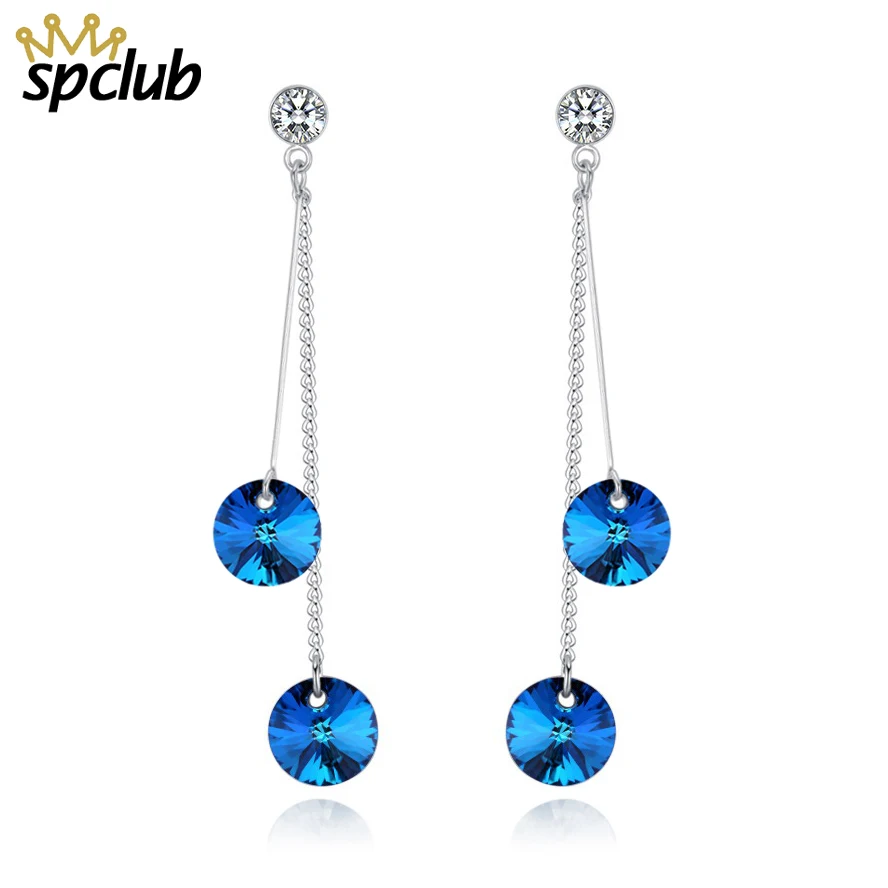 

Korean Trendy Crystals From Swarovski Tassel Earrings For Women Bohemian Blue Long Drop Earrings Female Brincos Da Moda Party