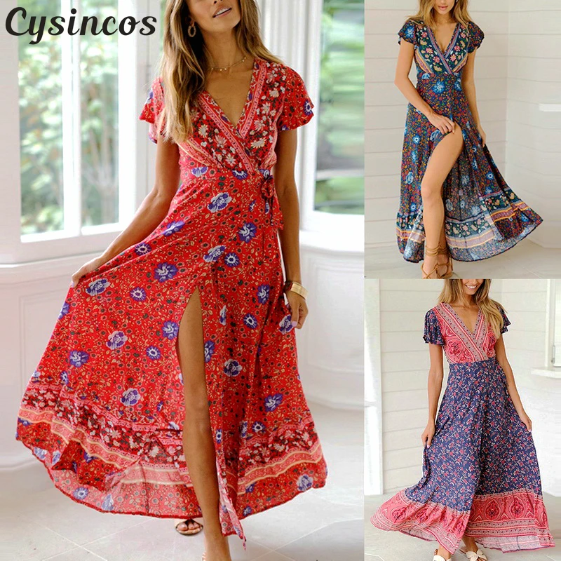

Cysincos Summer Women's Wrap Sexy Deep V-Neck Ruffle Short Sleeve Bohemia Floral Print Long Dress Femal Loose Party Club Dress