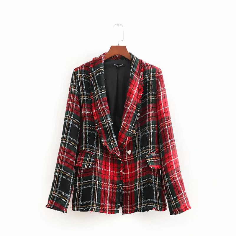 Retro Style Women's Twill Soft Tweed Long Fur Coat Fall Women's New Suit Tops Plaid Single Button Office Lady Long Blazer Women