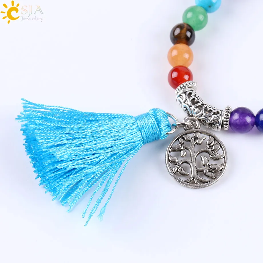 Women Necklace Natural Mala Gem Stone Bead Tassel 7 Chakra Tiger Eye Pink Quartz Howlite Reiki Boho Necklace