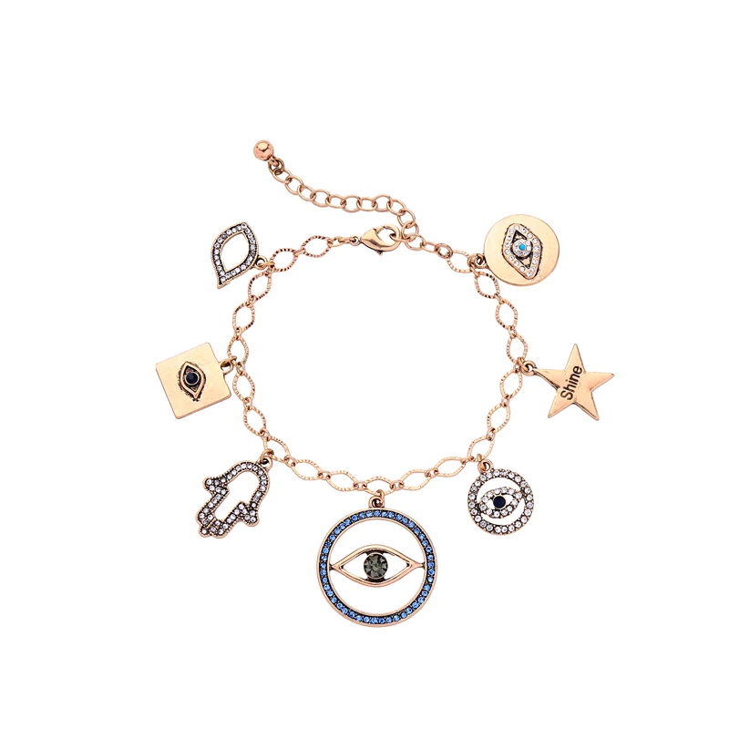 BALANBIU Hyperbole Hiphop Street Style Crystal Evil Eyes Shine Star Charm Bracelet For Women Gift Vintage Gold Color Alloy Chain