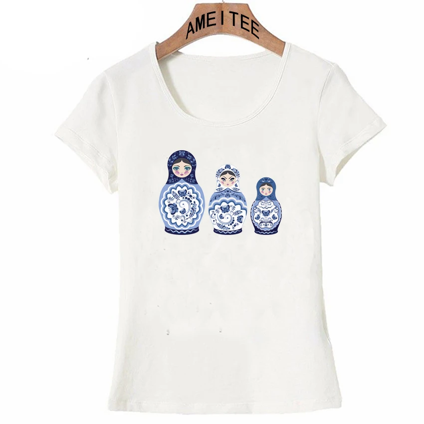

Blue matryoshka doll print T-Shirt Summer fashion women short sleeve casual ladies Tops cute girl t-shirt Russia female Tees