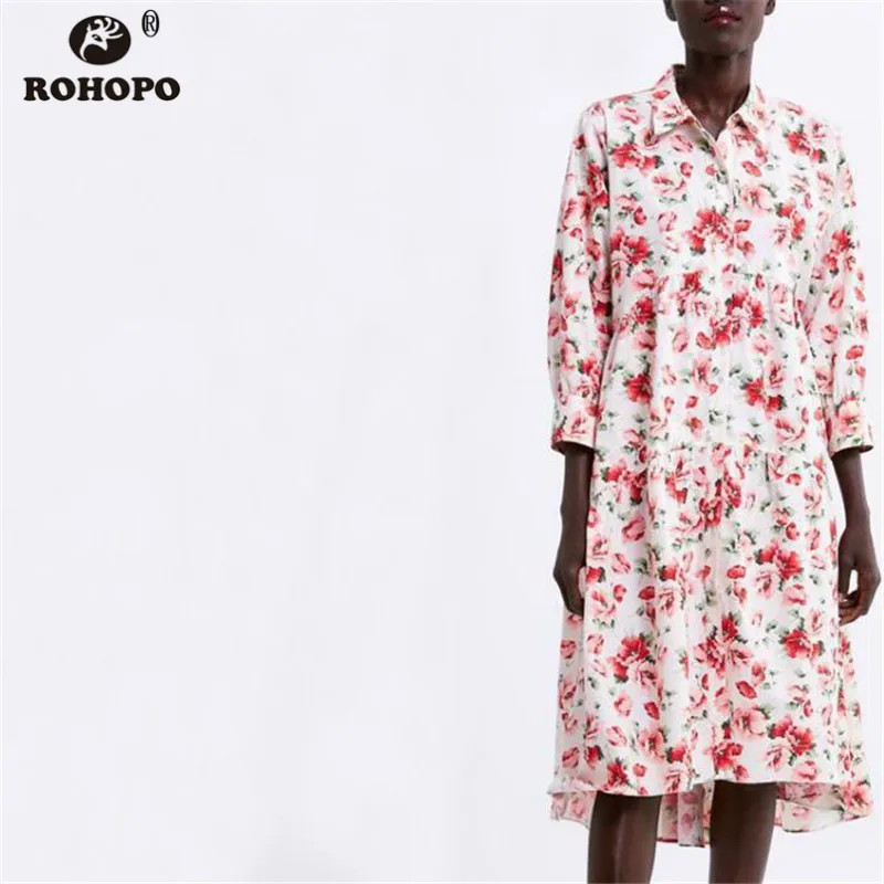 

ROHOPO Women Autumn Midi Dress Floral Printed Long Sleeve High and Low Mutilways Pleated Lantern Sleeve Dress Button #OYK9678