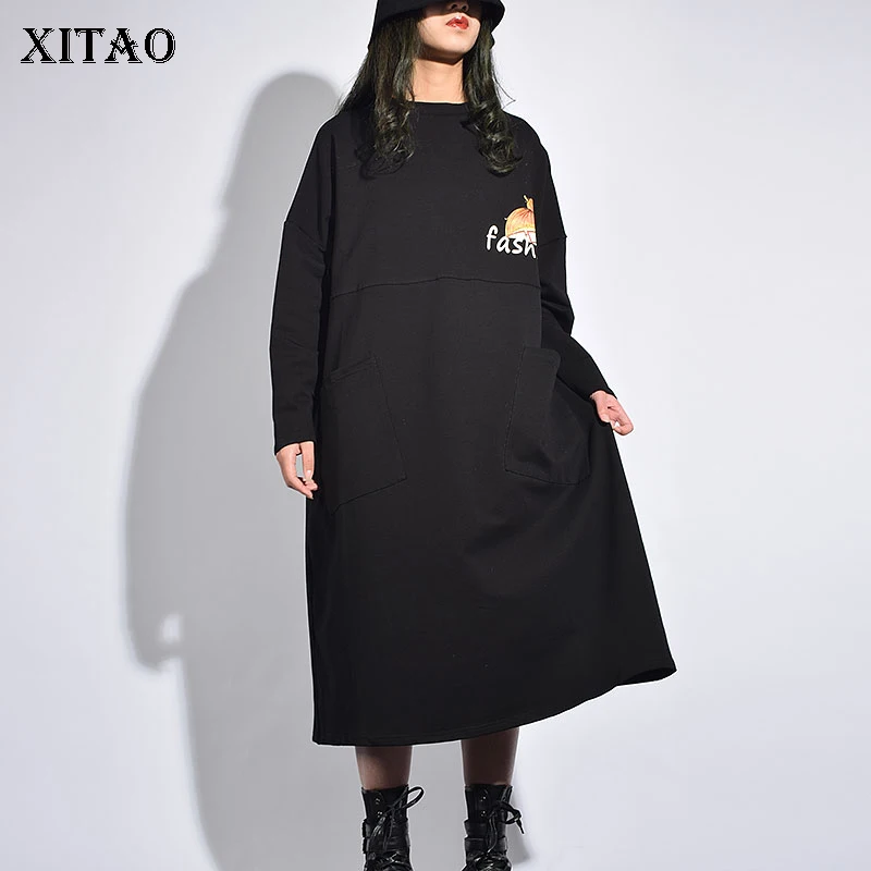 

[XITAO] Casual Female Europe Fashion Dress 2019 Spring Summer New Loose Full Sleeve O-Neck Letter Cartoon Pattern Dress ZLL3130